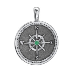 Men's Engravable Compass Pendant with Gemstone in 925 Sterling Silver with Emerald