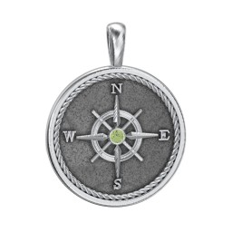 Men's Engravable Compass Pendant with Gemstone in 925 Sterling Silver with Peridot