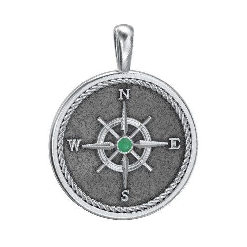 Men's Engravable Compass Pendant with Gemstone – Sterling Silver with Emerald