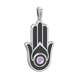 Men's Engravable Hamsa Gemstone Pendant with Cold Enamel in 925 Sterling Silver with Amethyst