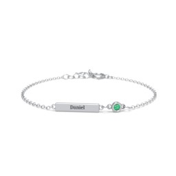 Kids and Baby Engravable Bar Bracelet with Bezel Set Stone in 925 Sterling Silver with Emerald