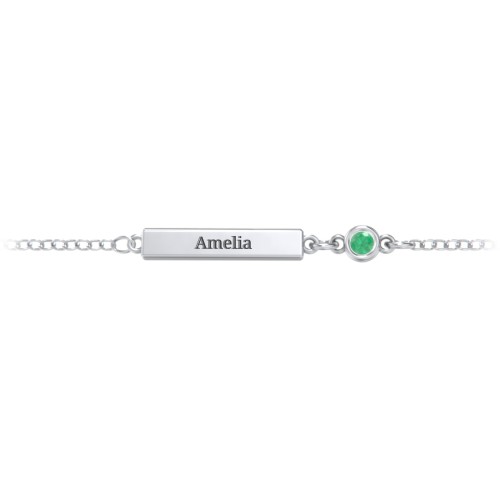 Kids and Baby Engravable Bar Bracelet with Bezel Set Stone – Sterling Silver with Emerald