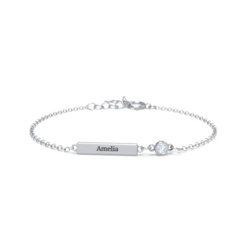 Kids and Baby Engravable Bar Bracelet with Bezel Set Stone – Sterling Silver with Aquamarine