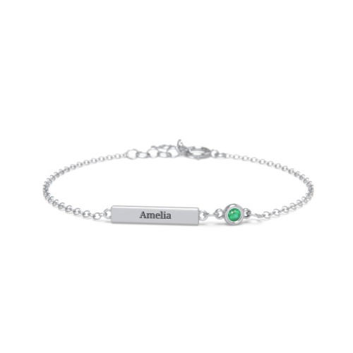 Kids and Baby Engravable Bar Bracelet with Bezel Set Stone – Sterling Silver with Emerald