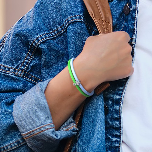 Engravable Classic Cross Charm Silicone Bracelet Set - Double Style