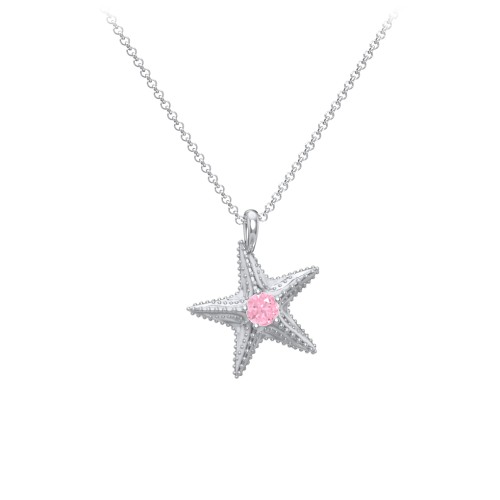 Kids Starfish Birthstone Charm Necklace – Sterling Silver with Pink Tourmaline