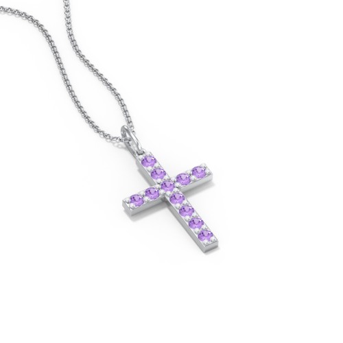 Kids Medium Gemstone Cross Pendant – Sterling Silver with Amethyst