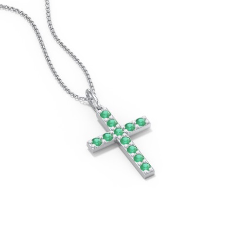 Kids Medium Gemstone Cross Pendant – Sterling Silver with Emerald