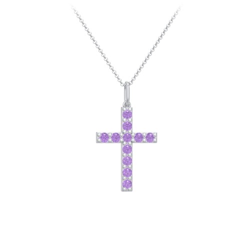 Kids Medium Gemstone Cross Pendant – Sterling Silver with Amethyst