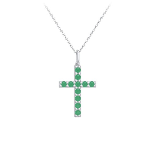 Kids Medium Gemstone Cross Pendant – Sterling Silver with Emerald