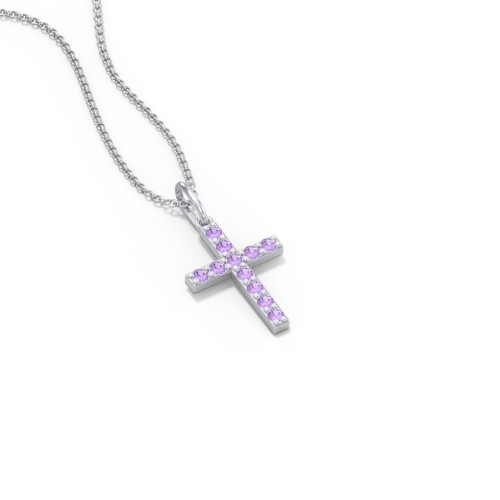 Kids Small Gemstone Cross Pendant – Sterling Silver with Amethyst