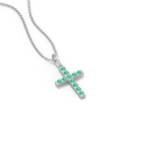 Kids Small Gemstone Cross Pendant – Sterling Silver with Emerald