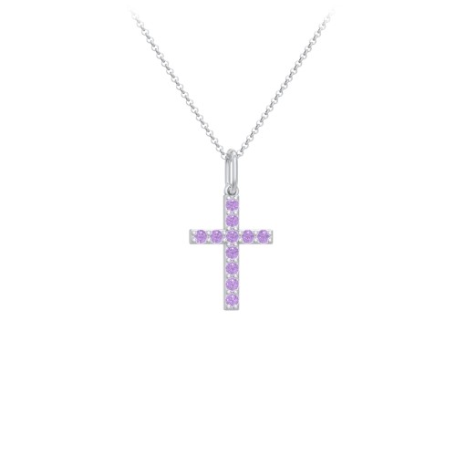 Kids Small Gemstone Cross Pendant – Sterling Silver with Amethyst