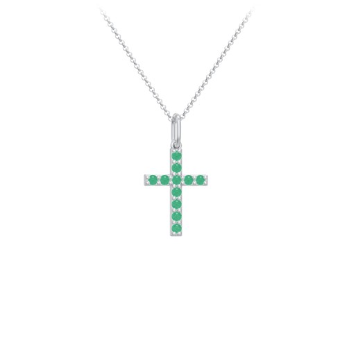 Kids Small Gemstone Cross Pendant – Sterling Silver with Emerald