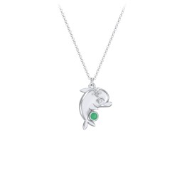 Kids Dolphin Birthstone Critter Necklace in 925 Sterling Silver with Emerald