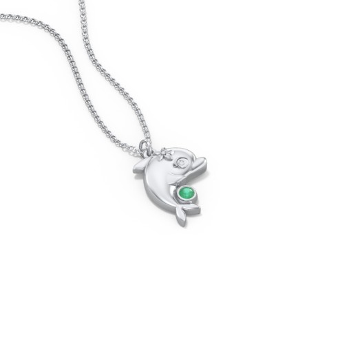 Kids Dolphin Birthstone Critter Necklace – Sterling Silver with Emerald