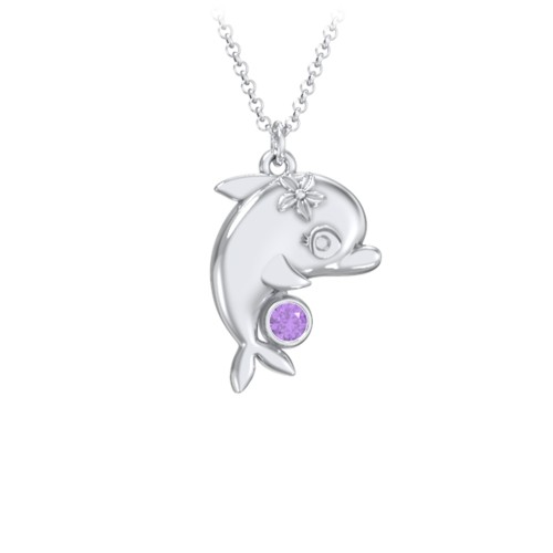 Kids Dolphin Birthstone Critter Necklace – Sterling Silver with Amethyst