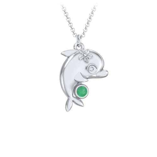 Kids Dolphin Birthstone Critter Necklace – Sterling Silver with Emerald