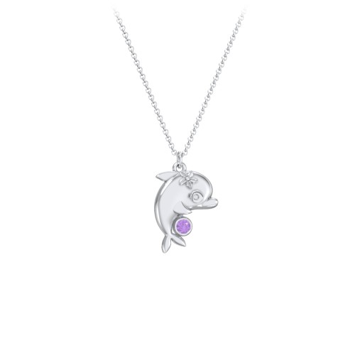 Kids Dolphin Birthstone Critter Necklace – Sterling Silver with Amethyst
