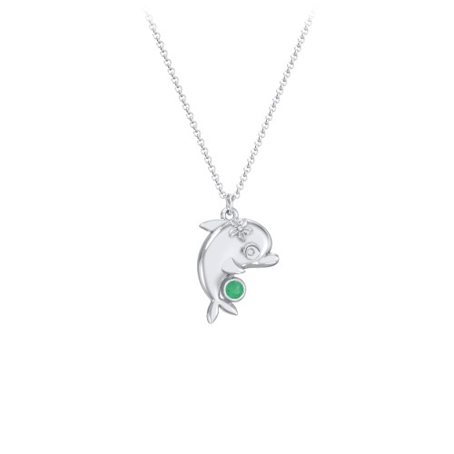 Kids Dolphin Birthstone Critter Necklace – Sterling Silver with Emerald