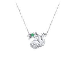 Kids Sloth Birthstone Critter Necklace in 925 Sterling Silver with Emerald