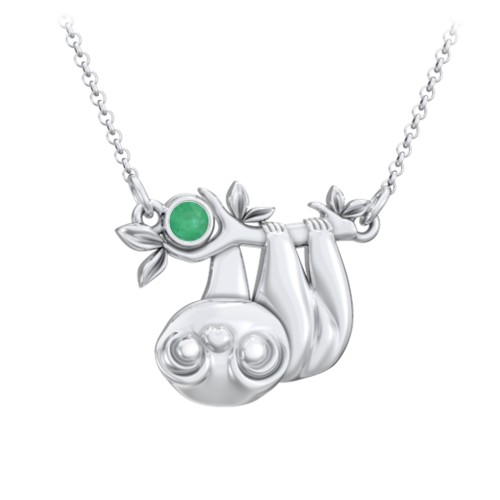 Kids Sloth Birthstone Critter Necklace – Sterling Silver with Emerald