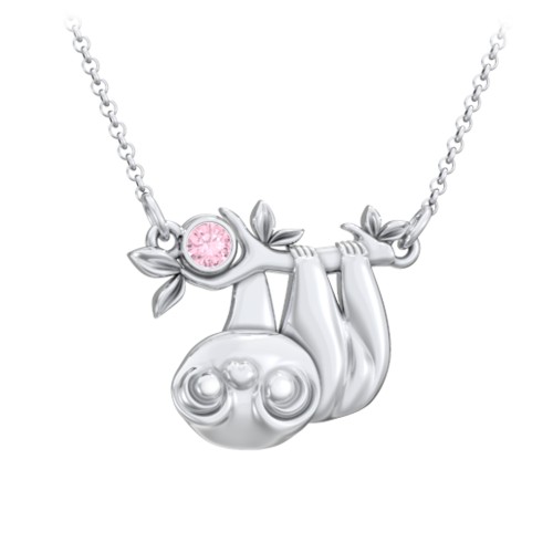 Kids Sloth Birthstone Critter Necklace – Sterling Silver with Pink Tourmaline