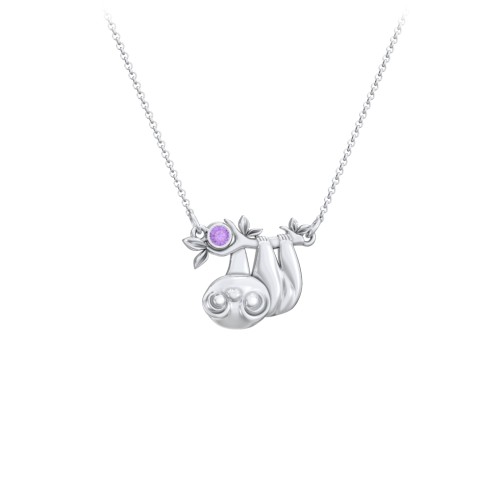 Kids Sloth Birthstone Critter Necklace – Sterling Silver with Amethyst