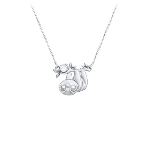 Kids Sloth Birthstone Critter Necklace – Sterling Silver with Aquamarine