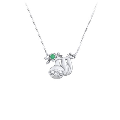 Kids Sloth Birthstone Critter Necklace – Sterling Silver with Emerald