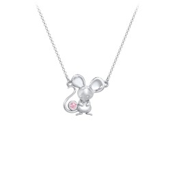 Kids Mouse Birthstone Critter Necklace in 925 Sterling Silver with Pink Tourmaline