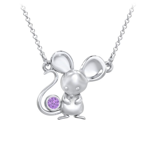 Kids Mouse Birthstone Critter Necklace – Sterling Silver with Amethyst