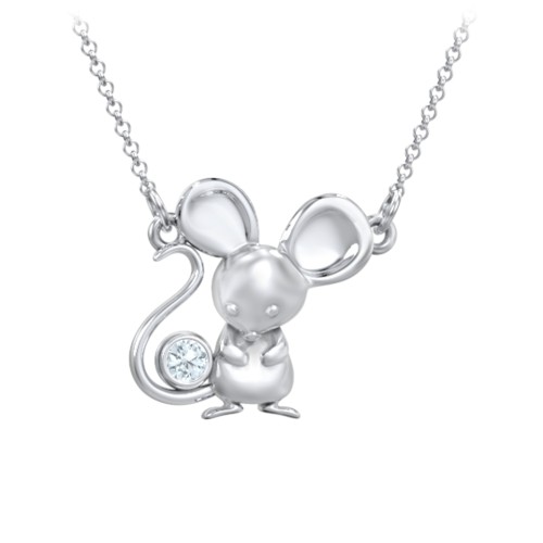 Kids Mouse Birthstone Critter Necklace – Sterling Silver with Aquamarine