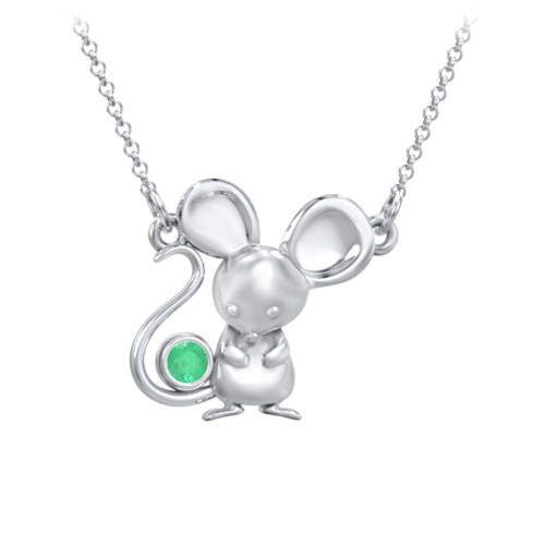 Kids Mouse Birthstone Critter Necklace – Sterling Silver with Emerald