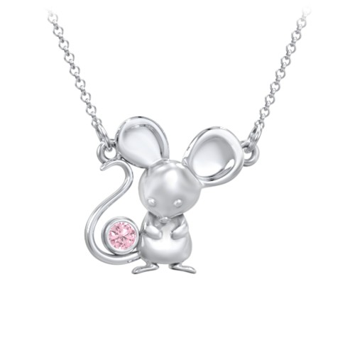 Kids Mouse Birthstone Critter Necklace – Sterling Silver with Pink Tourmaline