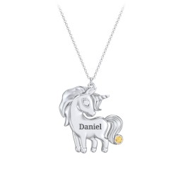 Kids Engravable Unicorn Birthstone Pendant Necklace in 925 Sterling Silver with Citrine