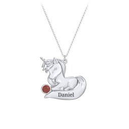 Kids Engravable Sitting Unicorn Birthstone Necklace in 925 Sterling Silver with Garnet