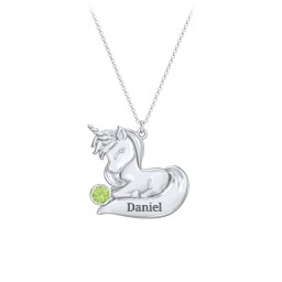 Kids Engravable Sitting Unicorn Birthstone Necklace in 925 Sterling Silver with Peridot