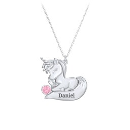 Kids Engravable Sitting Unicorn Birthstone Necklace in 925 Sterling Silver with Pink Tourmaline
