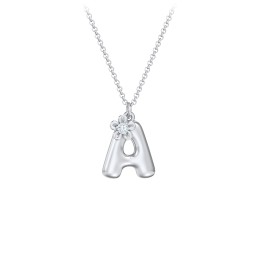 Kids Bubble Initial Necklace With Birthstone Flower in 925 Sterling Silver with Aquamarine