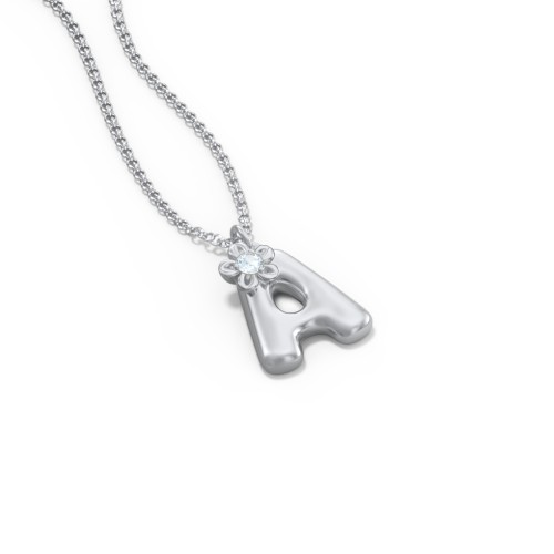 Kids Bubble Initial Necklace With Birthstone Flower – Sterling Silver with Aquamarine