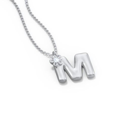 Kids Bubble Initial Necklace With Birthstone Flower – Sterling Silver with Aquamarine