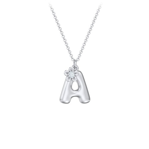 Kids Bubble Initial Necklace With Birthstone Flower – Sterling Silver with Aquamarine