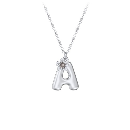 Kids Bubble Initial Necklace With Birthstone Flower – Sterling Silver with Smokey Quartz