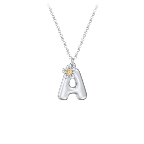 Kids Bubble Initial Necklace With Birthstone Flower – Sterling Silver with Citrine