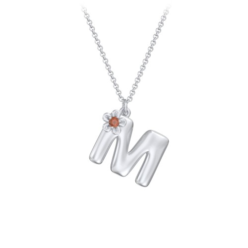 Kids Bubble Initial Necklace With Birthstone Flower – Sterling Silver with Garnet