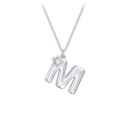 Kids Bubble Initial Necklace With Birthstone Flower – Sterling Silver with Aquamarine