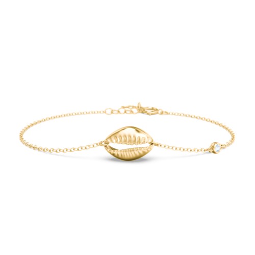 Coffee Bean Shell Bracelet with Bezel Set Gemstone – 18K Gold Plated Silver with Aquamarine
