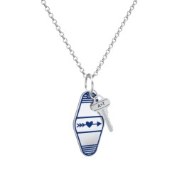 Heart With Arrow Engravable Retro Keychain Charm Necklace - Blue in 925 Sterling Silver