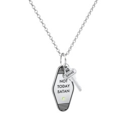 Not Today Satan Engravable Retro Keychain Charm Necklace with Accent - Black in 925 Sterling Silver with Peridot